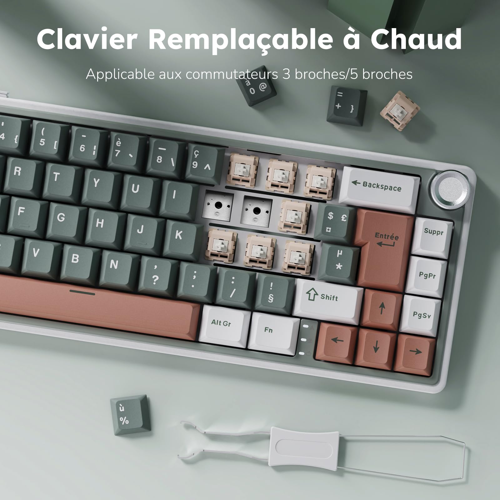 RK ROYAL KLUDGE R65 Clavier Mécanique 60% sans Fil | AZERTY FR, QMK/Via, Hot-Swap, Gasket Mounted, Gamer Tri-Mode Bluetooth/2.4G/USB-C, RGB, PBT Keycaps, Creamy Switch