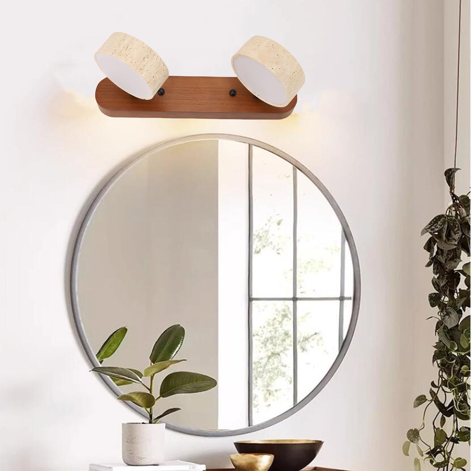 Aplique de Pared LED Giratorio Moderno con Marco de Piedra y Roble Accesorio de Baño de Tocador de 2 Luces para Entrada Cocina Vestidor Iluminación Ambiental Cálida Lámpara de Pared