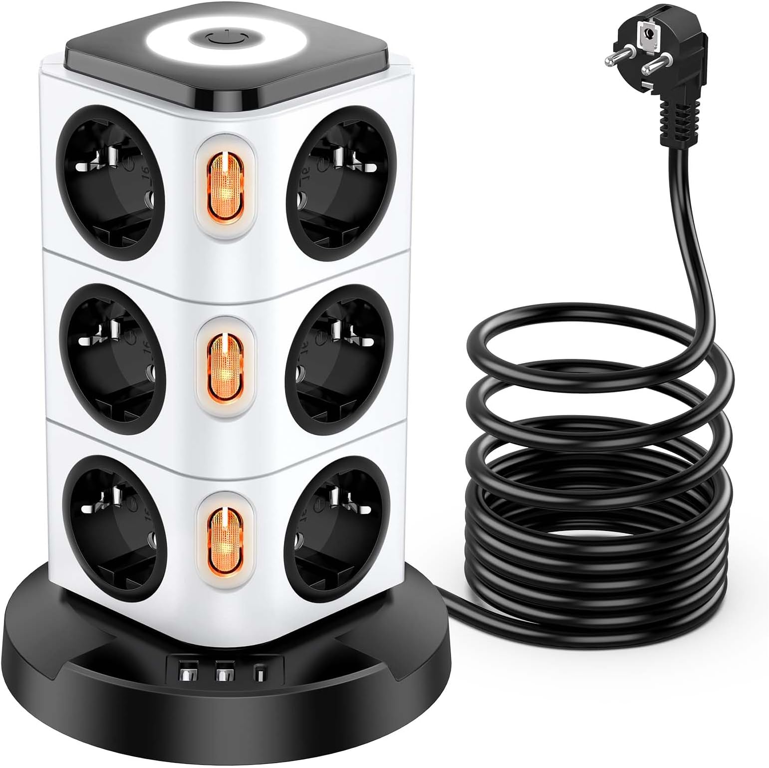 Tower Extension Lead with USB Slots and Night Light, Acodot 12 Way Multi Plug Extension & 3 USB Slots,Surge Protection Extension Lead 3M of Pure Copper Wire for Home, Office