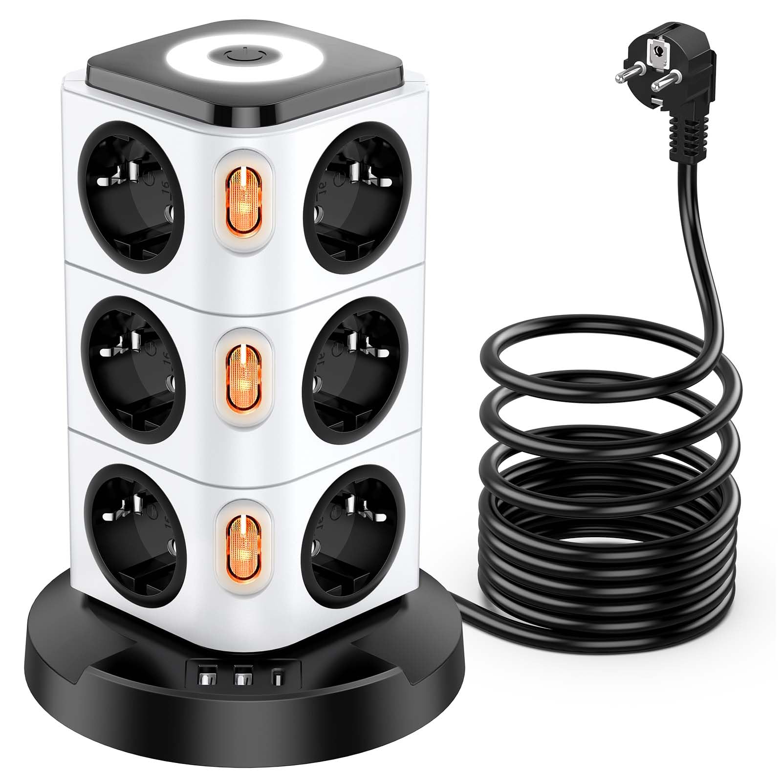 Acodot Electric Power Strip, 12 Compartments Power Strip with USB, Multi Socket Surge Protection Tower with 4 Switches, Original Design Night Light and USB-A, USB-C Cable 3 m