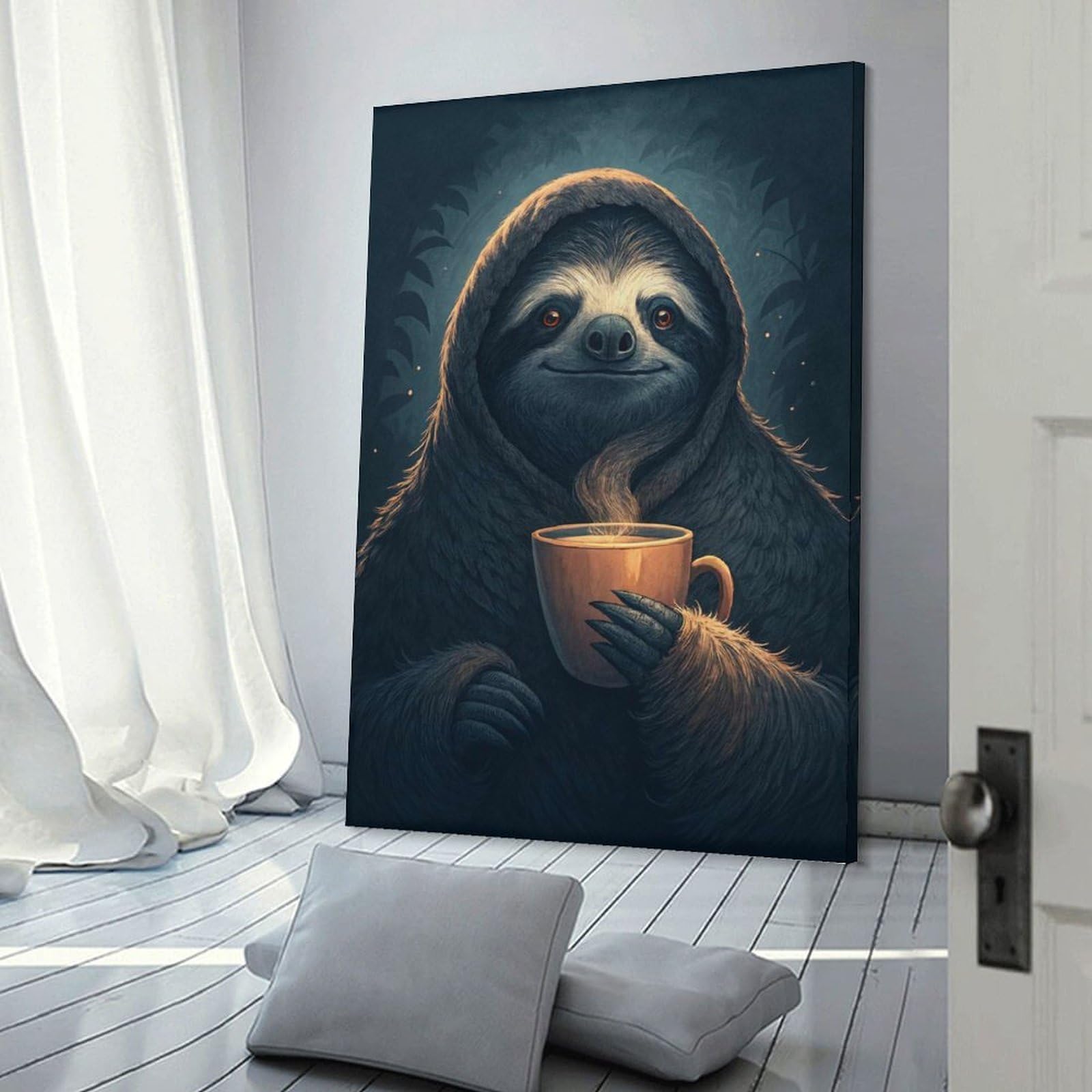 Junmoney Sloth Enjoying A Hot Drink Canvas Wall Decor 20x30inch(50x75cm), for Corridors, Hallways Or Apartment Entries, A Stylish Accent for Home Entrances