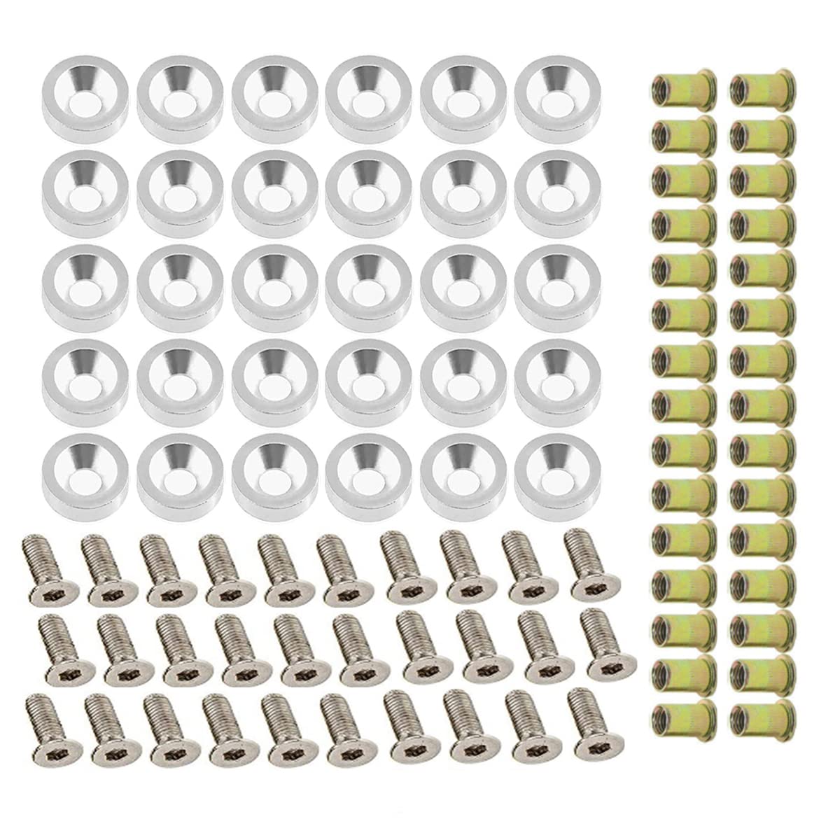 30 PCS CNC Billet Aluminum Washers Stainless Steel Bolts Carbon Steel Rivet Nuts for Bumper Fender Engine Bay Body Decoration Dress Up Kit (Silver)