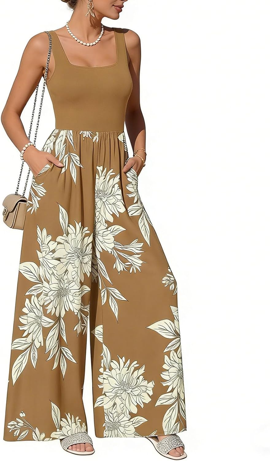 Blue Song Jumpsuits For Women Summer Sleeveless Wide Leg Casual Boho Floral Smocked Romper With Pockets Vacation Resort Wear