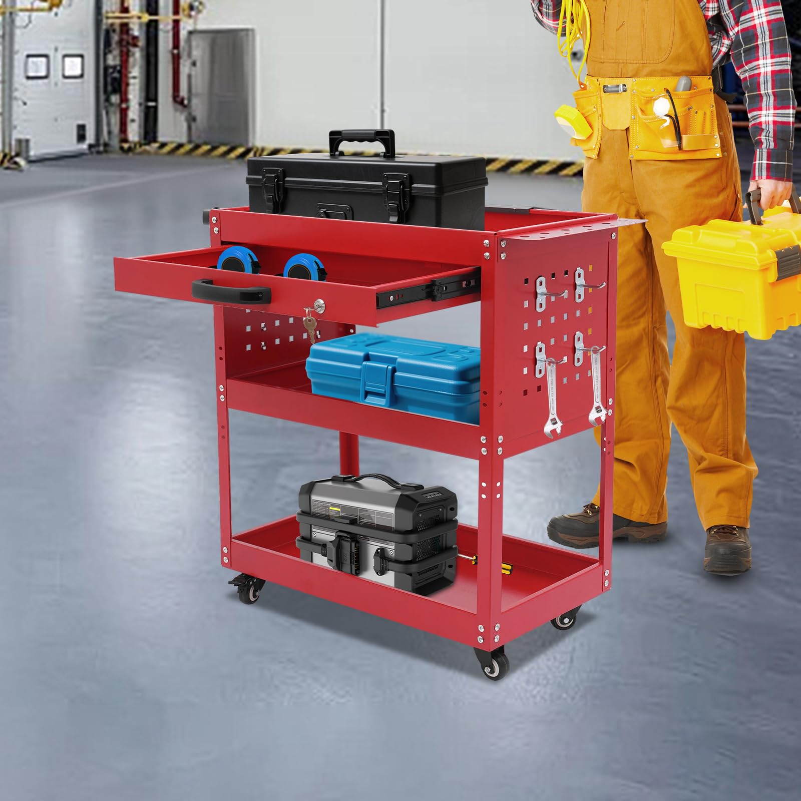 Carrello portautensili professionale da officina a 3 piani con cassetto e chiave, portata 250 kg, 4 ruote (2 freni), 77 x 81 cm, carrello da officina in acciaio per attrezzi e accessori (rosso)
