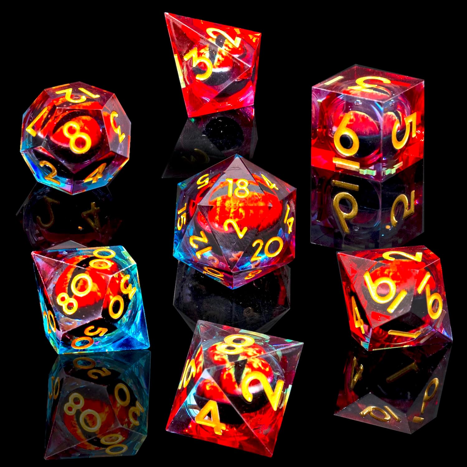Beholder's Dragon Eye DND Dice Set, 7pcs Liquid Core Dice with Gift Box, Handmade Sharp Edge Resin Dice for Role Playing Dungeons and Dragons Ttrpg(Blue Red Dragon Eye)
