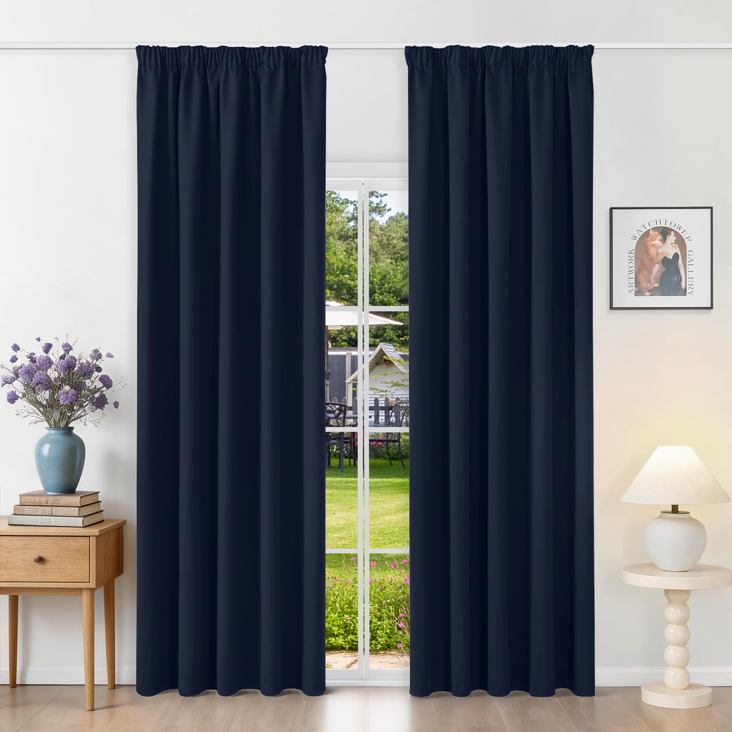 Runyéla Pencil Pleat Blackout Curtains for Bedroom Thermal Curtain 66 x 90 Inch Drop Living Room Kitchen 2 Panels Navy Blue