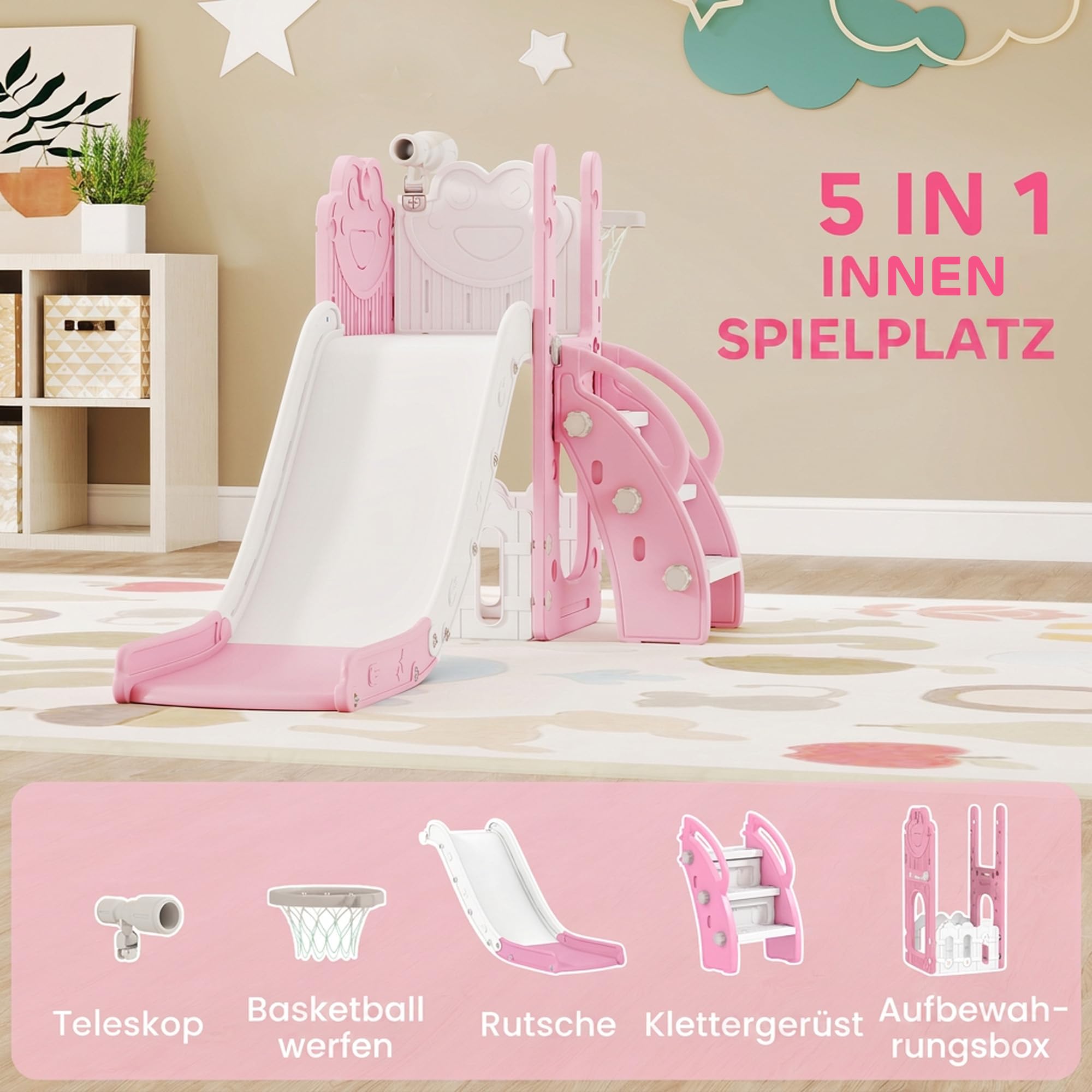 AIYAPLAY Kinderrutsche 5 in 1 Babyrutsche für Kleinkinder 1-3 Jahre Rosa