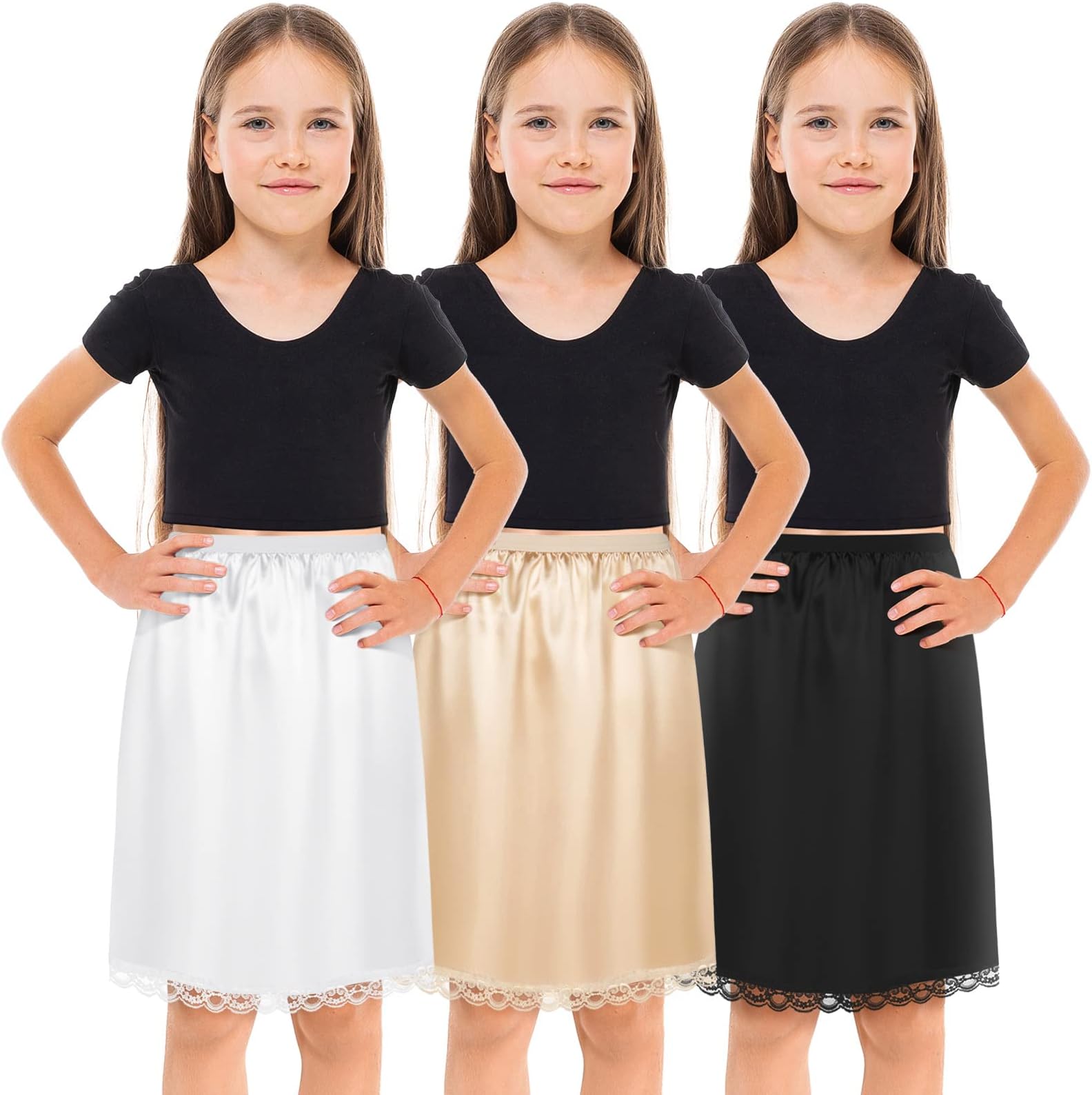 - 3 Pcs Half Slip for Girl Satin Half Slip for Under Dresses Anti Static Extender Lace Long Knee Petticoat Skirt