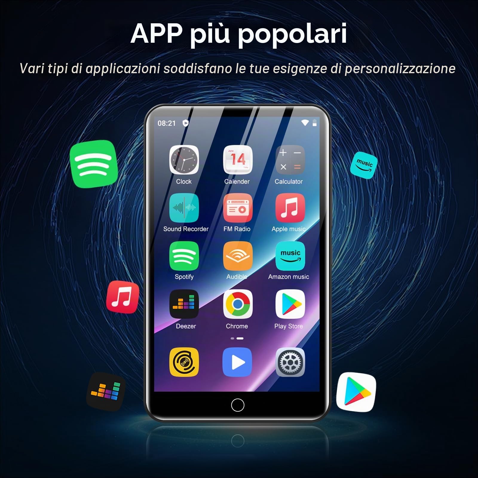 Lettore MP3 con Bluetooth e WiFi, memoria ZAQE da 80 GB e sistema operativo Android, touchscreen da 4", musica Spotify, altoparlante integrato, radio FM, lettore MP4 per bambini