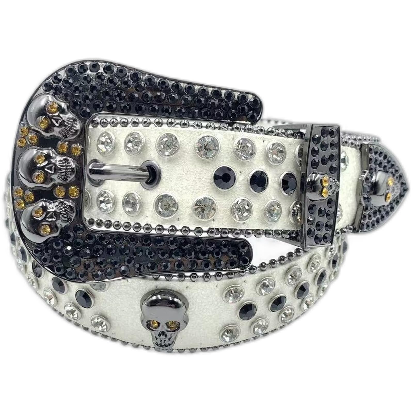 AGUTALITHIC Rhinestones Studded Belt Sparkly Sequin Shine Engraved Skull Head Western Leather Strap with Crystal Prong Buckle(130cm/51, White)