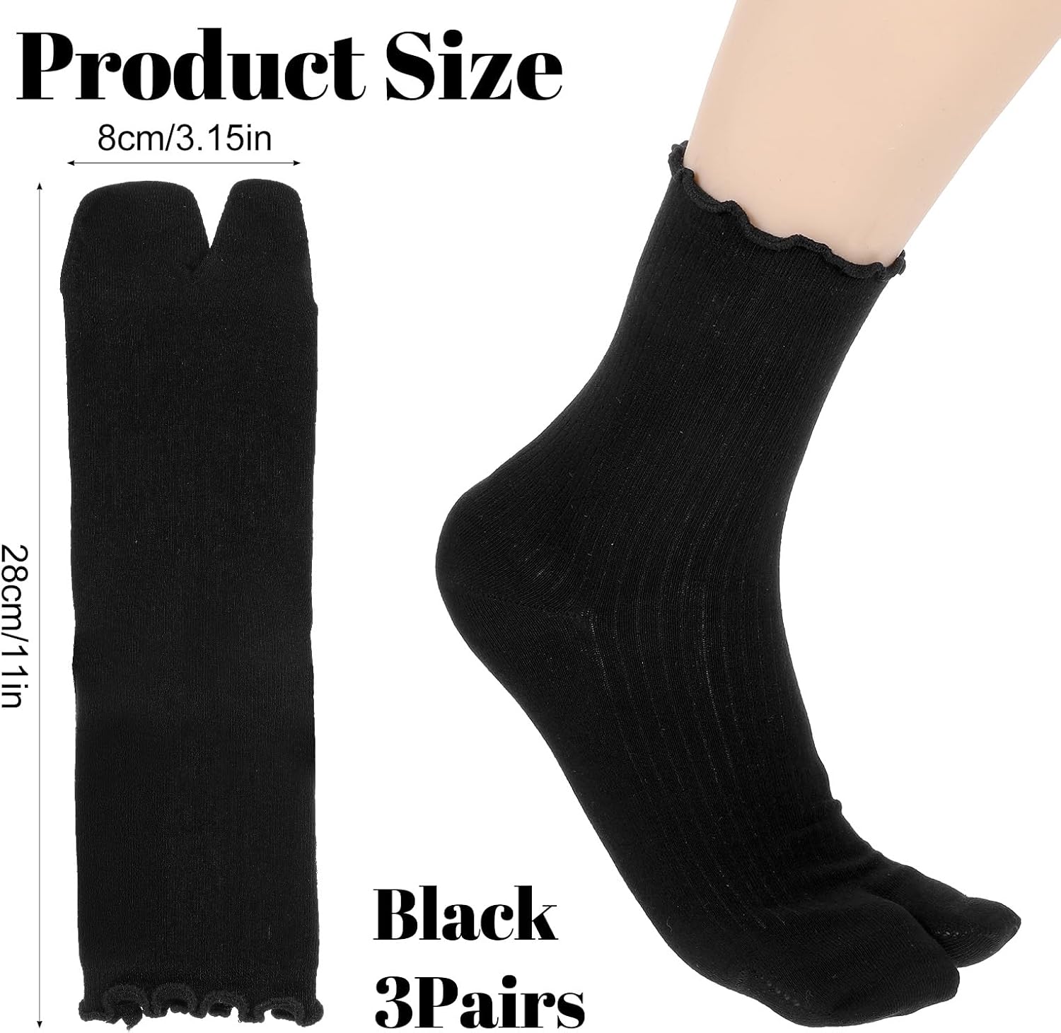3 Pairs Tabi Socks Women, Soft Black Tabi Socks, Cotton Mid-Calf, Big Toe Sock with Ruffle, Comfortable Casual Wear Breathable for Flip Flops Women, Black