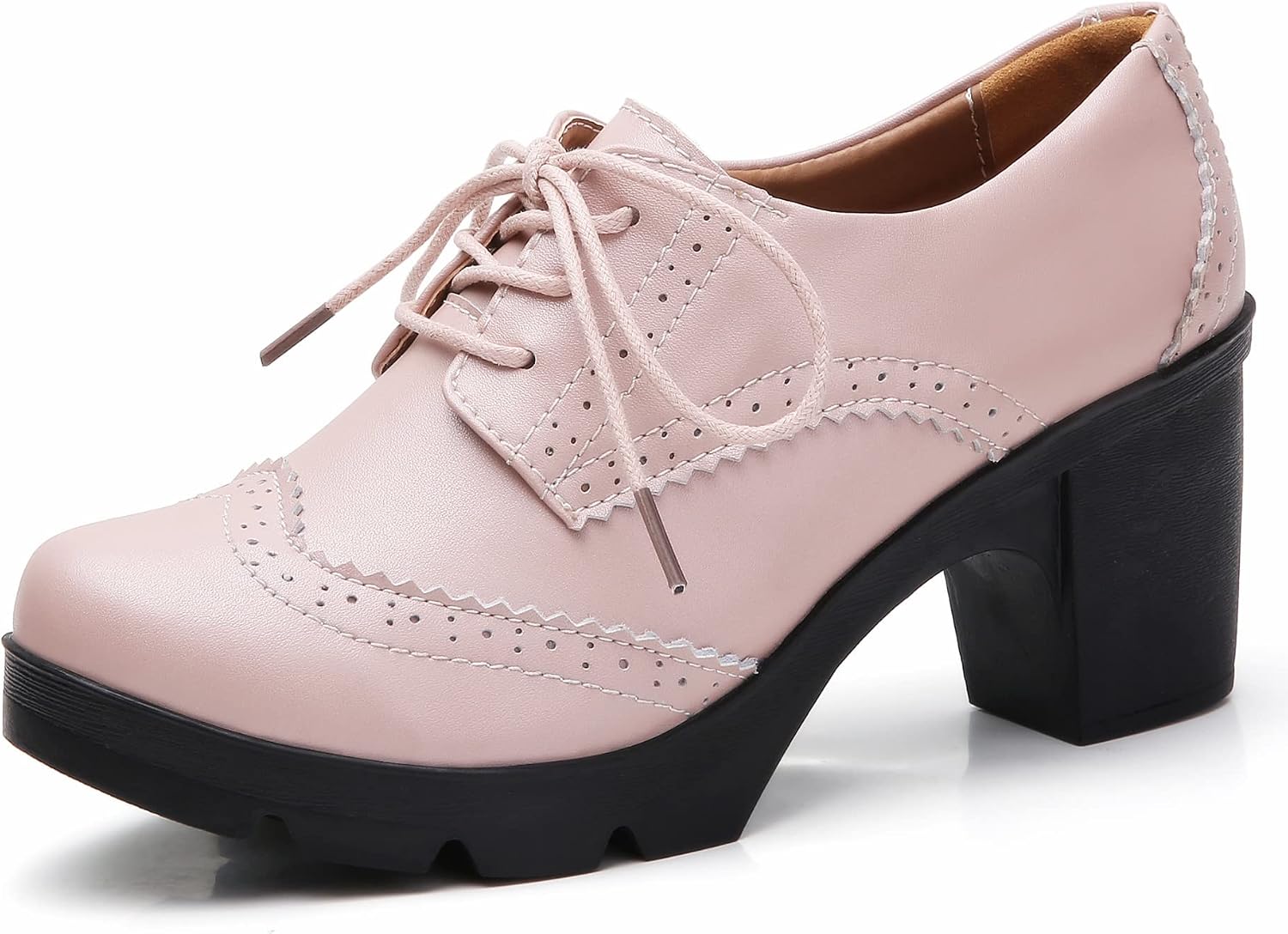DADAWEN Women's Leather Classic Lace Up Platform Chunky Mid-Heel Square Toe Oxfords Dress Pump Shoes