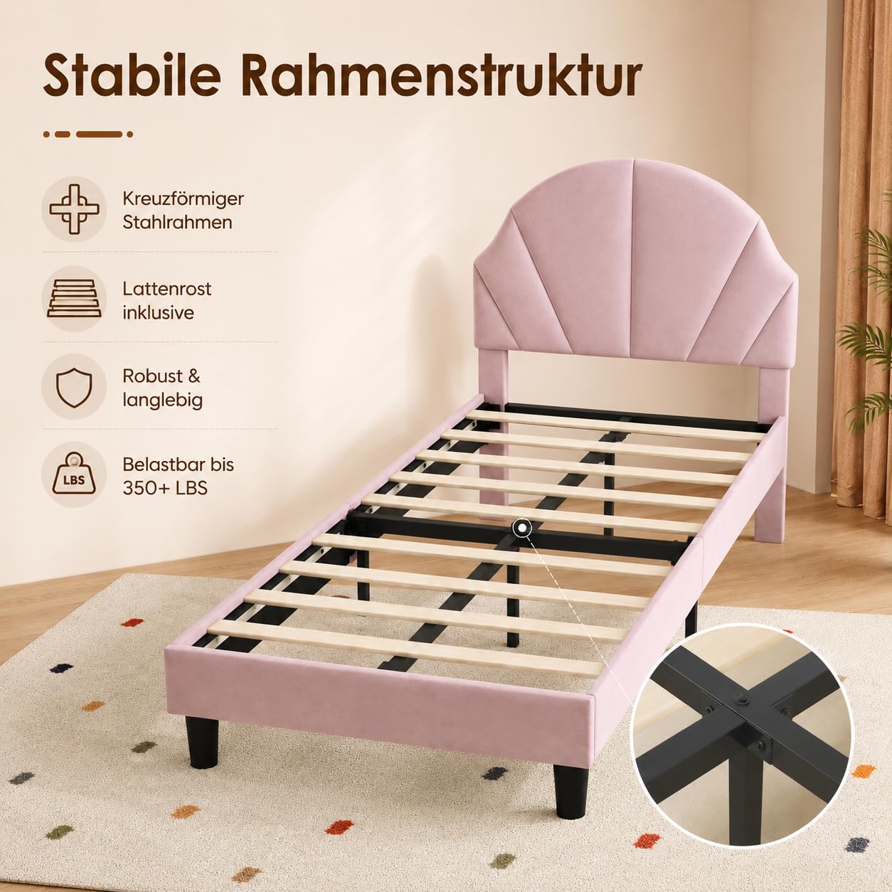 Letto singolo 90 x 200 cm, letto per bambini imbottito con rete a doghe per bambina, letto giovane imbottito con testiera regolabile per cameretta dei bambini, senza materasso