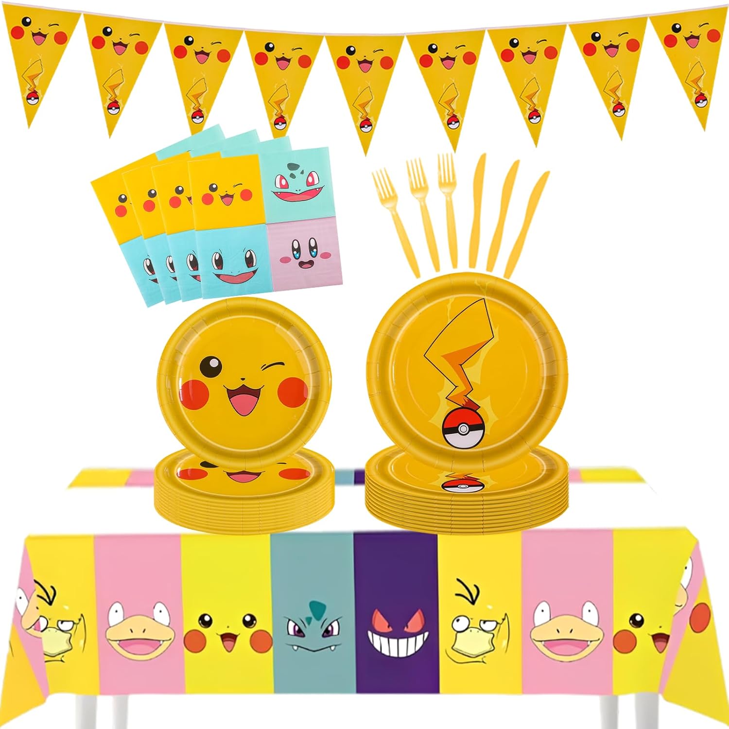 111Pcs Pikachu Birthday Decorations,Disposable Party Supplies Tableware Kit with Paper Plates and Napkins Tablecloth Banner,Pikachu Themed Tableware Set for Boys Girls Serves 20 Guests