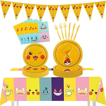 111Pcs Pikachu Birthday Decorations,Disposable Party Supplies Tableware Kit with Paper Plates and Napkins Tablecloth Banner,Pikachu Themed Tableware Set for Boys Girls Serves 20 Guests