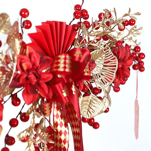 Miniatura 8 de Fenteer Decoraciones redondas de Año Nuevo Chino Decoración Colgante Ventana Lucky Cats Corona para Holiday Home Office Adornos - Rojo