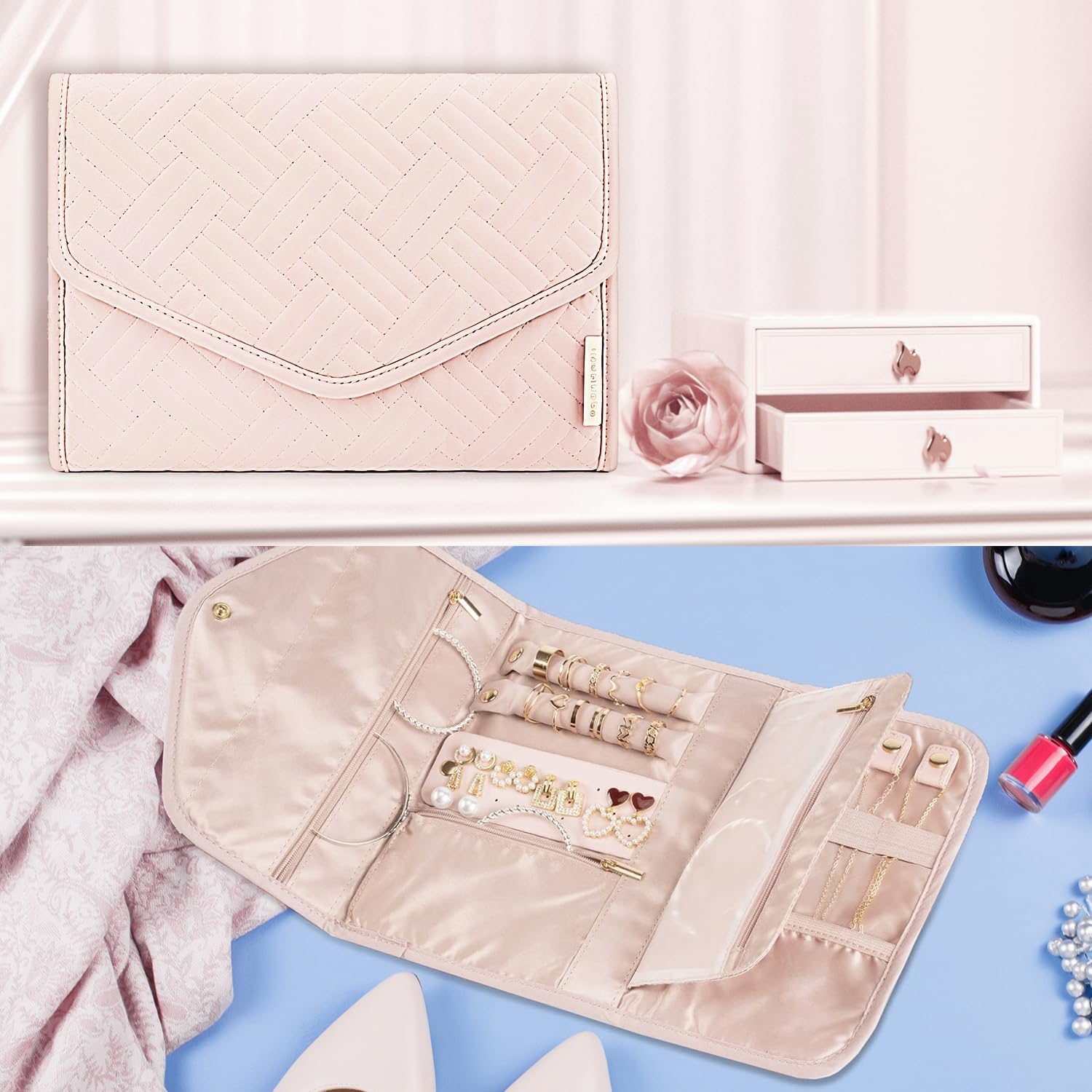 Travel Jewelry Case Organizer Roll Foldable Jewelry Case for Journey-Rings Necklaces Earrings Bracelets Brooches Portable Travel Essentials Pink