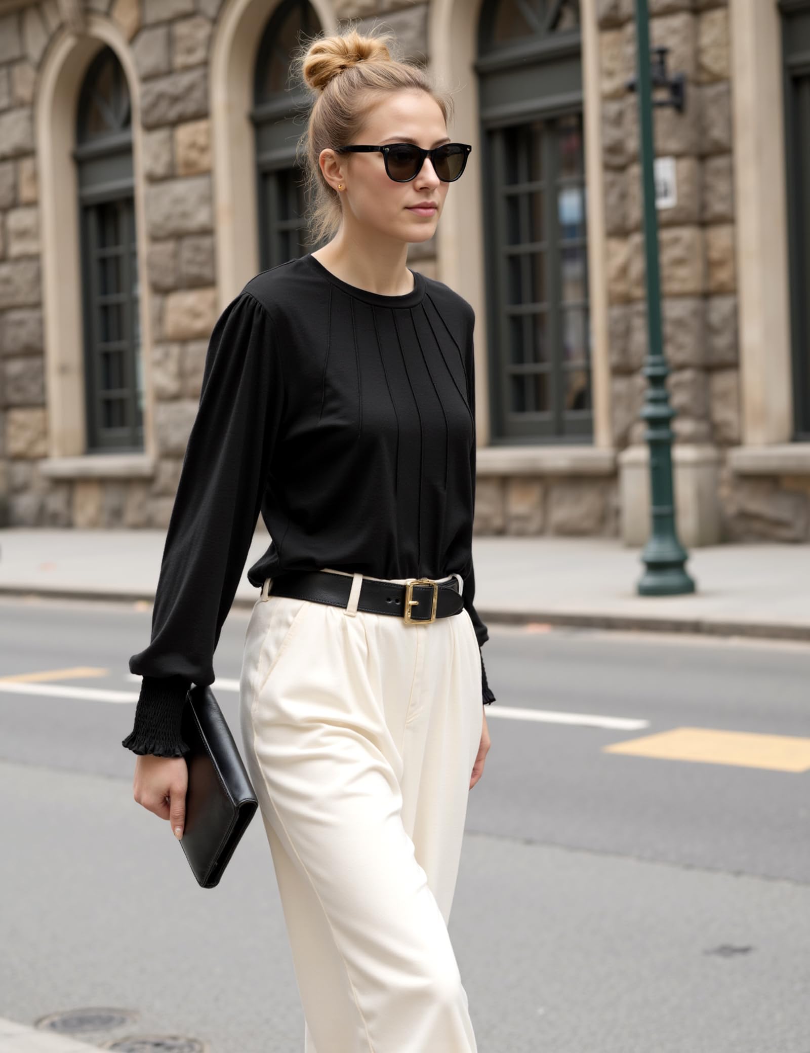 Gyabnw Maglietta Manica Lunga Donna T-Shirt Cotone Maglia Donna Elegante con Maniche a Sbuffo Girocollo Adatto per Gonne alla Moda Pantaloni Pantaloncini