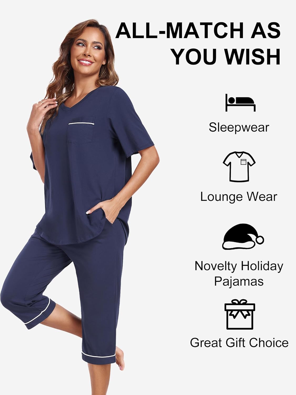 COLORFULLEAF Womens Pajama Sets 100% Cotton Summer Pj Set Capri Pants Sleepwear 2 Piece Lounge Set with Pockets - Image 3