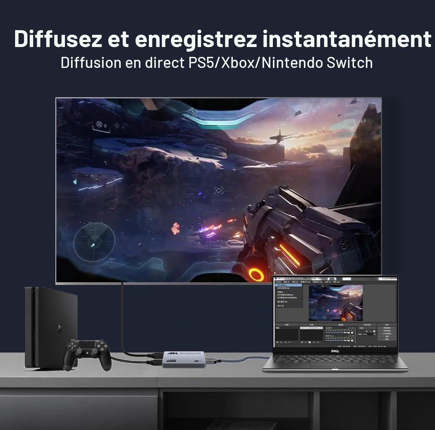 carte de capture vidéo HDMI 4K, audio et USB 3.0 4K HDMI Loop-Out, 1080P 60FPS/2K 30FPS Vidéo de Jeu pour Streaming Fonctionne pour PS5/Switch/Caméra/PC/OBS