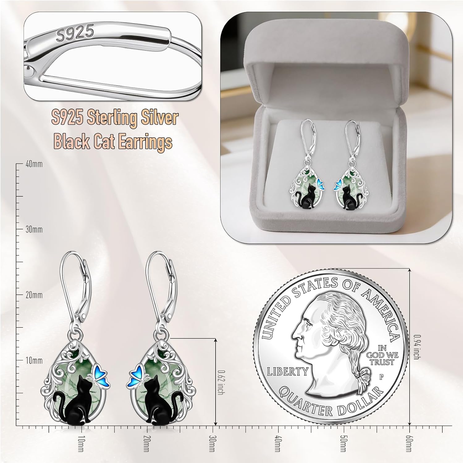 Black Cat Earrings for Women Moonstone Moss Agate Turquoise Earrings Sterling Silver Filigree Butterfly Dangle Drop Jewelry Leverback Halloween Christmas Gifts