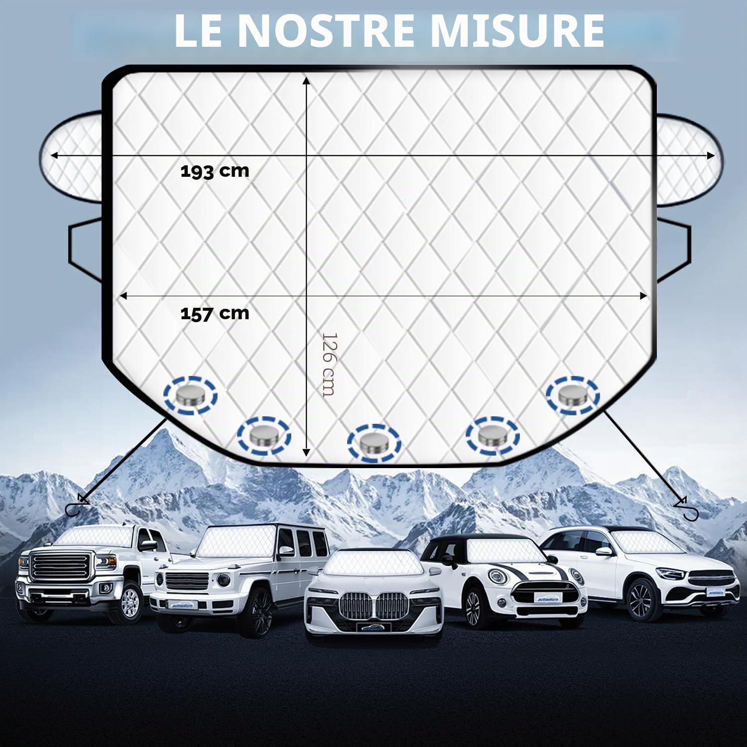 Copri Parabrezza Auto Ghiaccio 193x157x126 cm, 5 Magneti, Copertura Parabrezza Auto Pieghevole Contro Neve, Ghiaccio, Brina, Polvere, Sole con Sacchetto di Stoccaggio