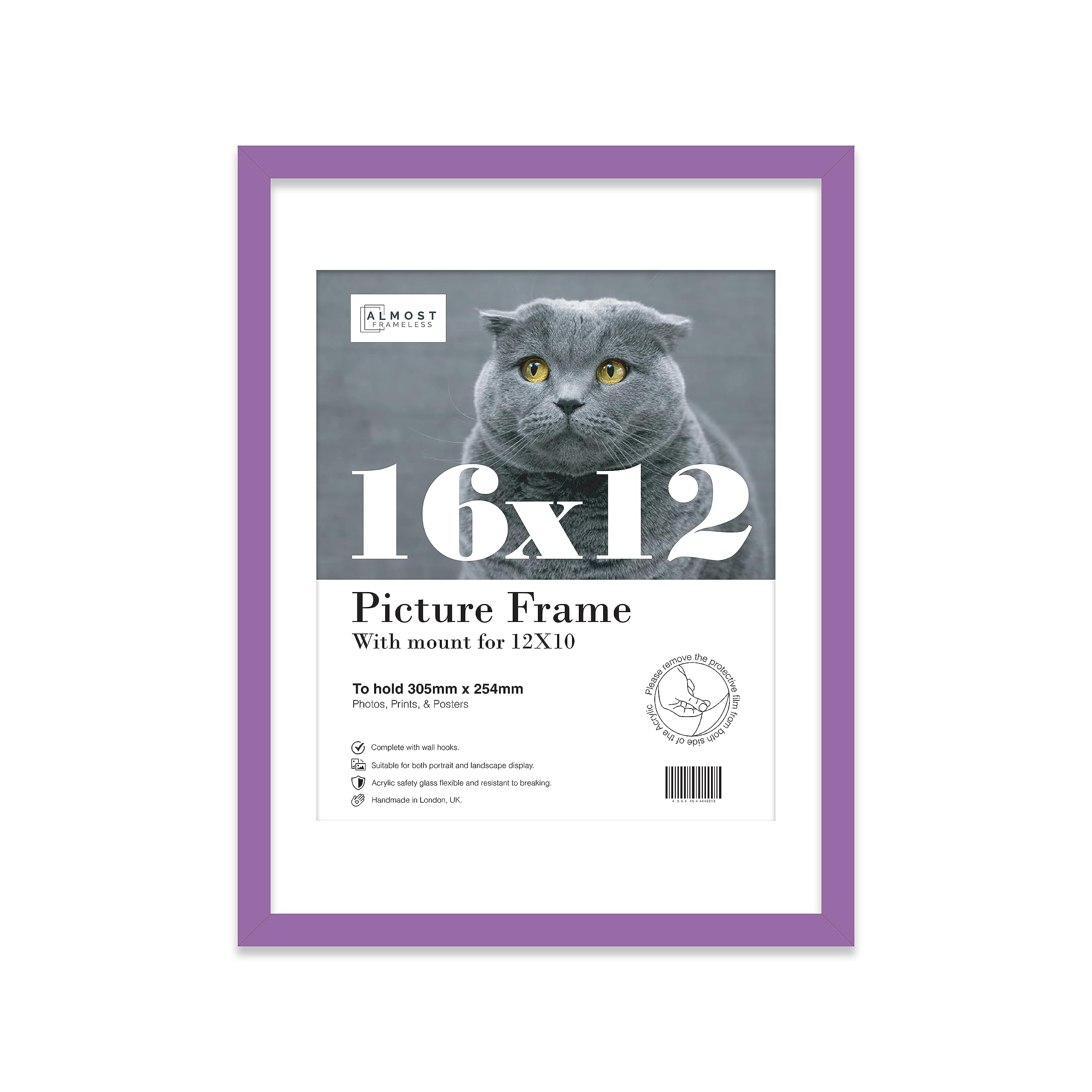 Almost Frameless 16x12 Purple Picture Frame With Mount for 12x10 Print, Poster or Photo Poster, Photo, Artwork, or Print. Thin Edge Slim Frame Portrait and Landscape Display with Wall Hooks