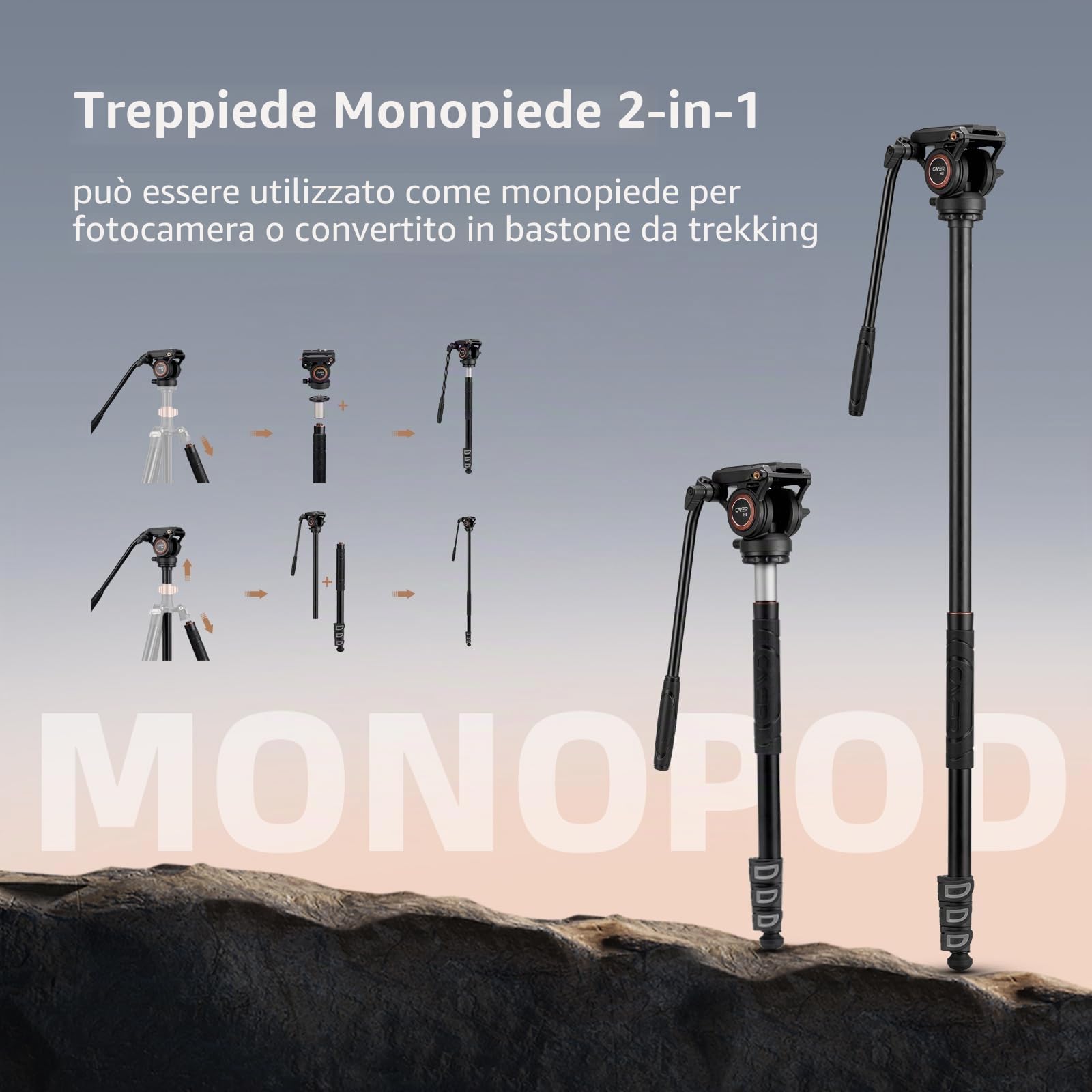 Cayer FP2450 Treppiede a testa fluida, treppiede video in alluminio da 75 pollici, treppiede per fotocamera compatto a 4 sezioni convertibile in monopiede per fotocamera DSLR