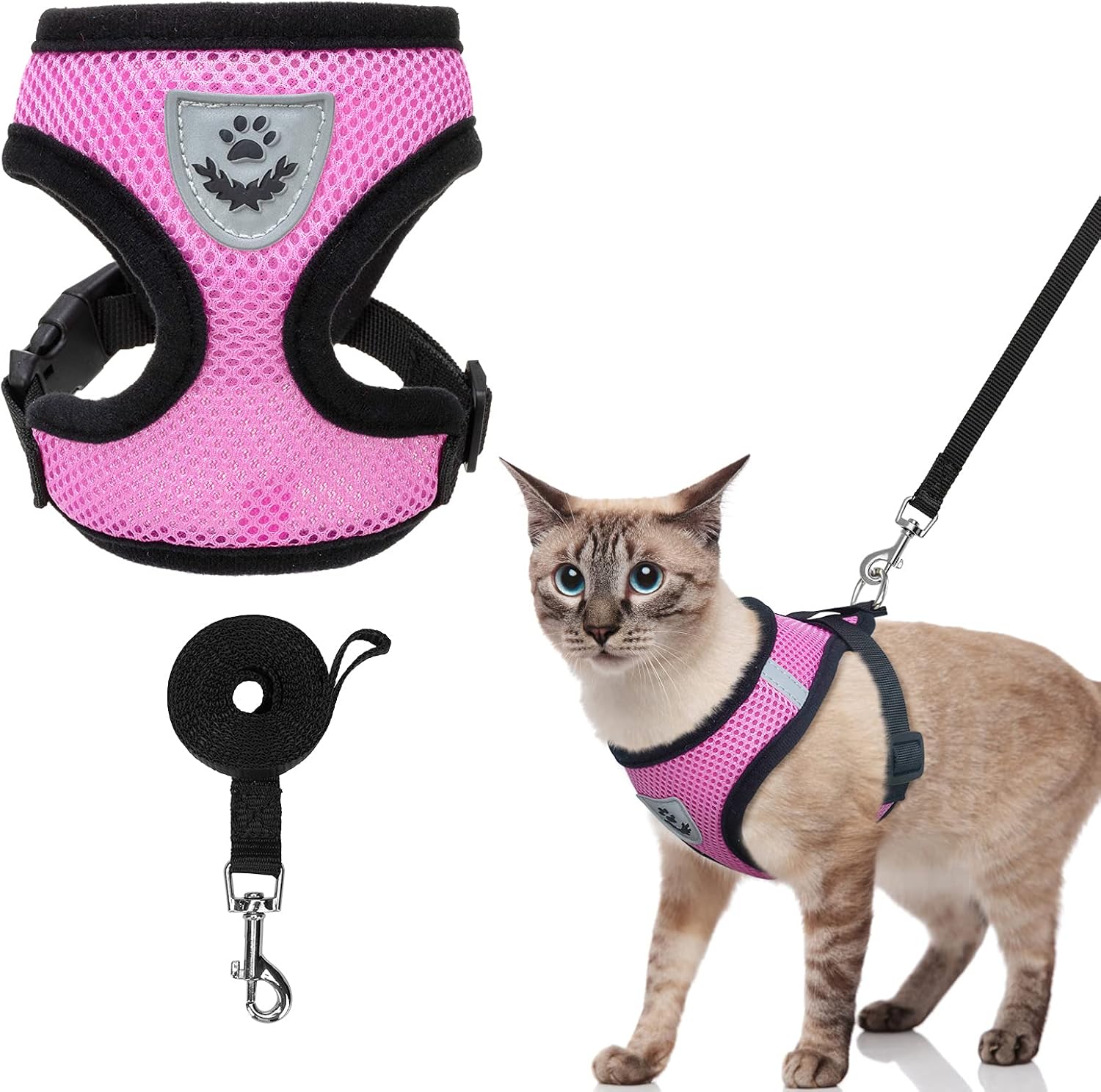 PUPTECK Reflective Cat Harness and Leash Set - Soft Mesh Adjustable Escape Proof Vest Harness for Small Medium Kitties Outdoor Walking, Pink