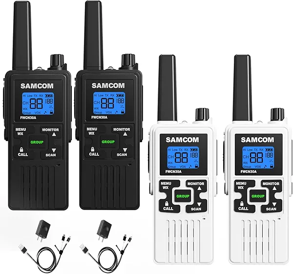 4 Long Range Walkie Talkies Rechargeable for Adults SAMCOM NOAA 2 Way Radios Walkie Talkies- FRS Two Way Radios with Earpiece Group Call Flashlight VOX SCAN NOAA Weather Alert and USB Charger Battery