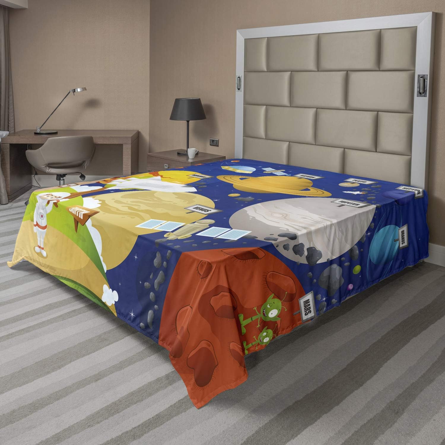 Ambesonne Science Flat Sheet, Cartoon Style Planet System and Astronaut in Outer Space Galactic Adventure, Soft Comfortable Top Sheet Decorative Bedding 1 Piece, Queen Size, Multicolor