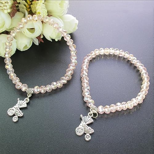 Pulsera elástica de cristal rosa para baby shower con dije de carro de bebé (12 piezas)