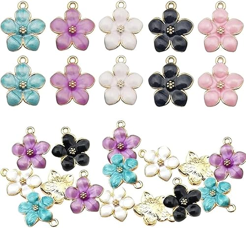 30 dijes de flores de cerezo esmaltadas chapadas en oro, dijes de flores de colores mixtos, lindos colgantes de flores pequeñas, aleación, No