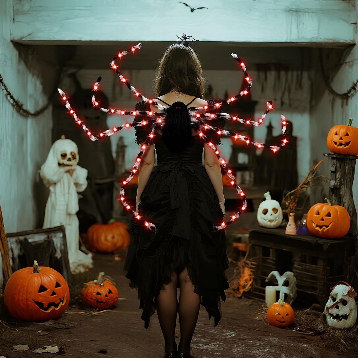 XunYee 2 Pcs Spider Costume for Adult Women LED 2026 Spider Cos Large Plush Spider with Lights Hair Hoop
