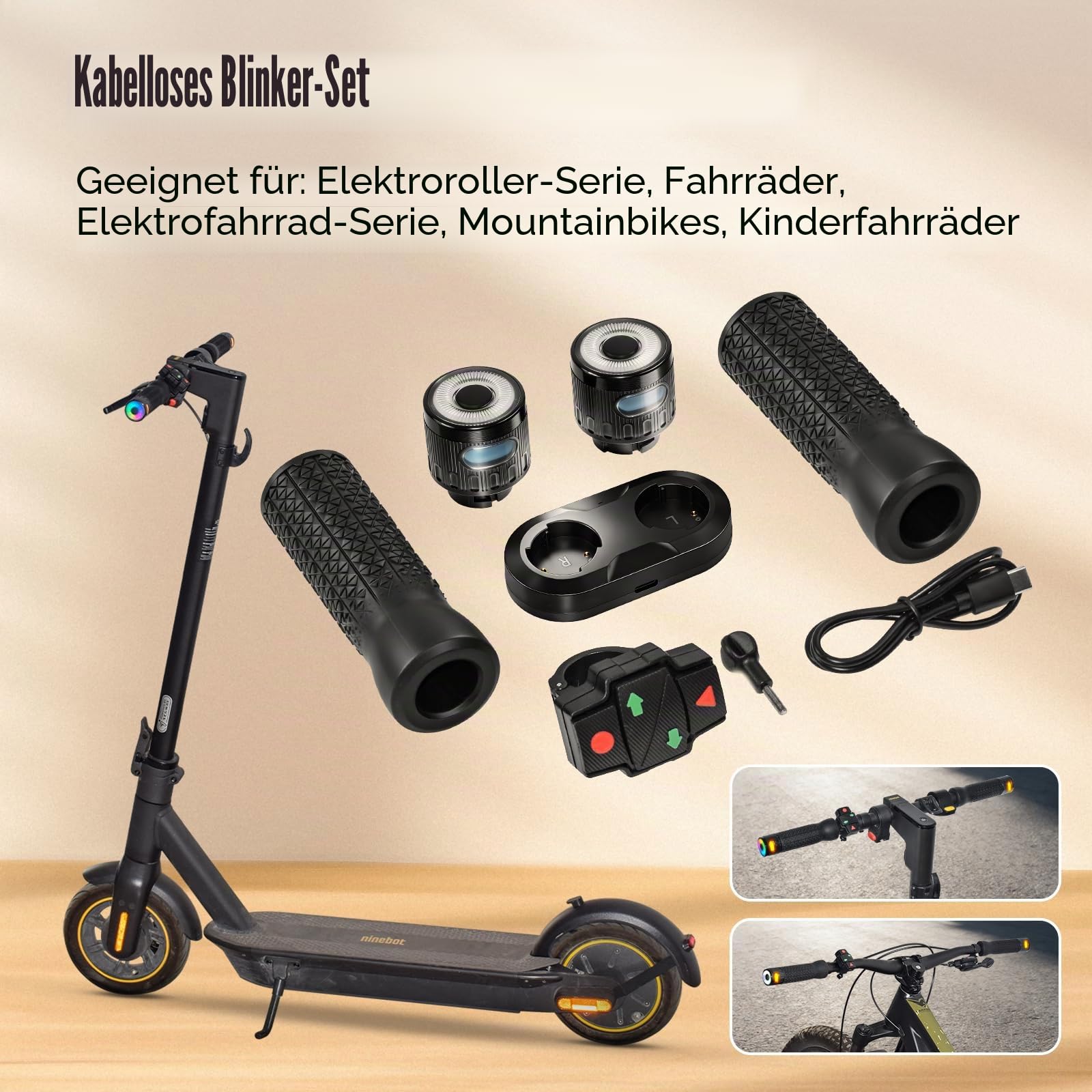 Lenkergriff-Set mit kabellosem Blinker für Elektroroller 2,2 cm Durchmesser Griffe mit Fernbedienung und Ladegerät Zubehör