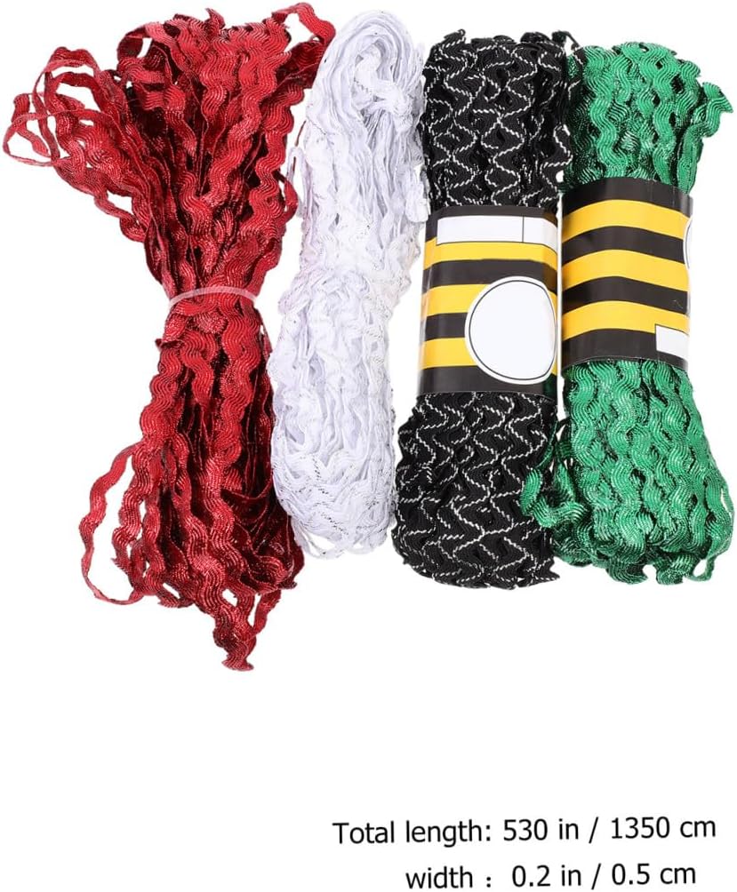 BESTYASH 4 Rolls 15 Yards Rickrack Ribbon Trim 5mm Waving Bending Fringe Braided Decorative Sewing Ribbon for DIY Crafts Flower Making, Red Green White Black-White