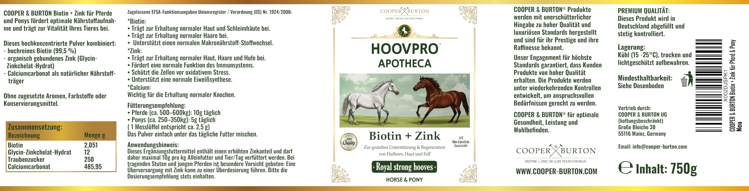 COOPER & BURTON Biotin Zink Pro Huf Complex 750 g – Hochdosierte Rundum-Versorgung für Pferde & Ponys- Premium Pulver für Hufe, Haut, glänzendes Fell & Immunabwehr - bei Mauke, Hufproblemen
