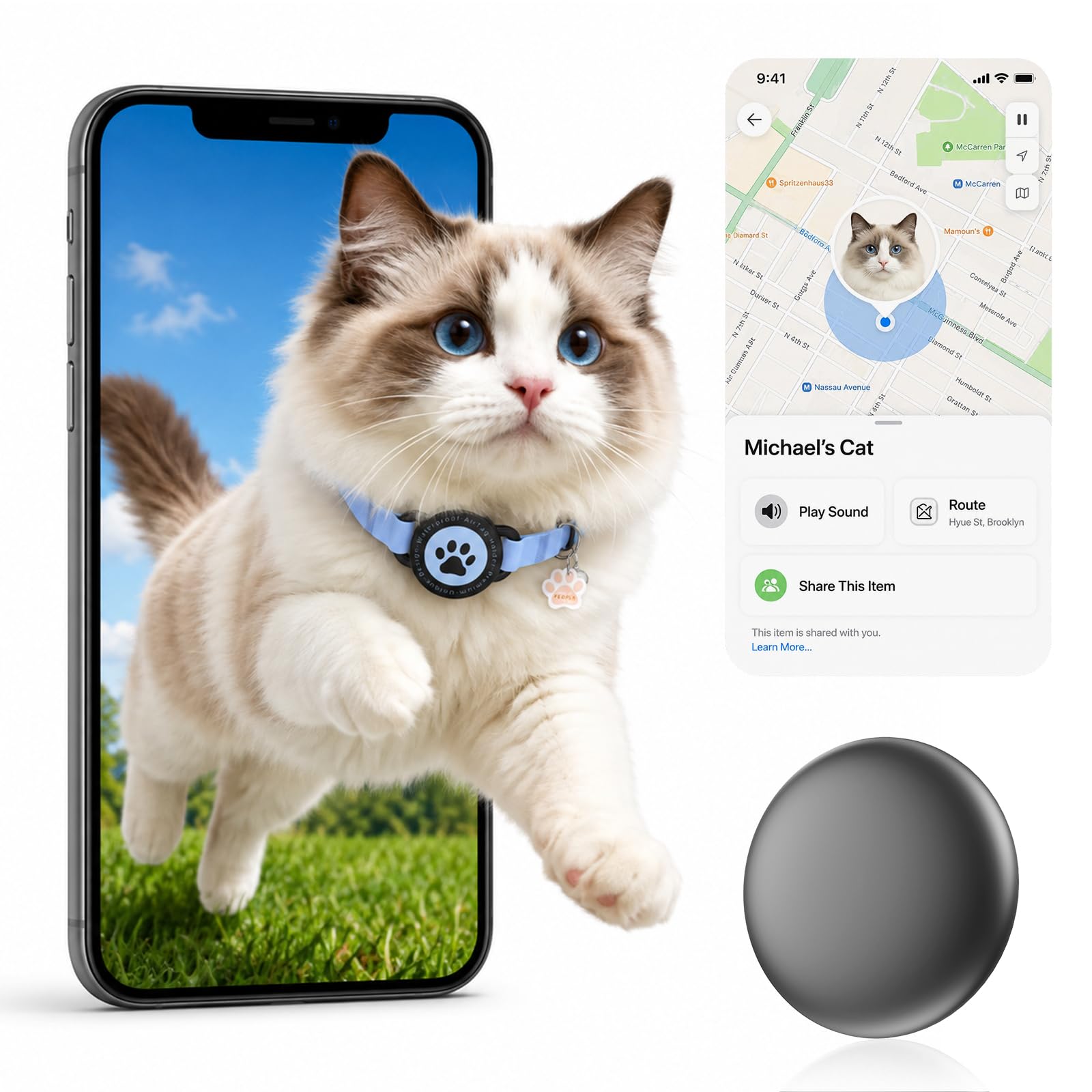 GPS Cat Tracker Collar with QR Code, Pet Tracking No Monthly Fee(1 Pack)