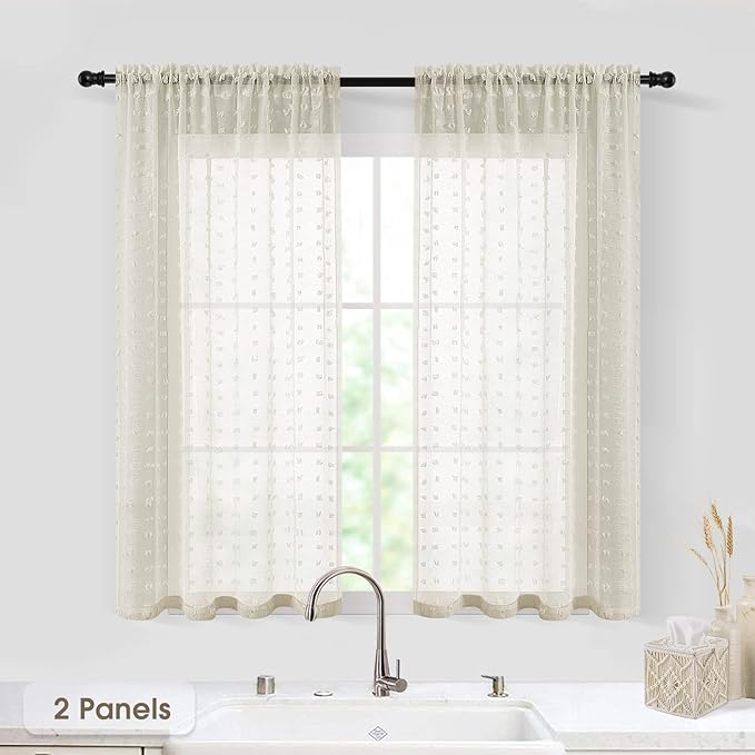 Nanspring Light Beige Sheer Kitchen Curtain Textured 45