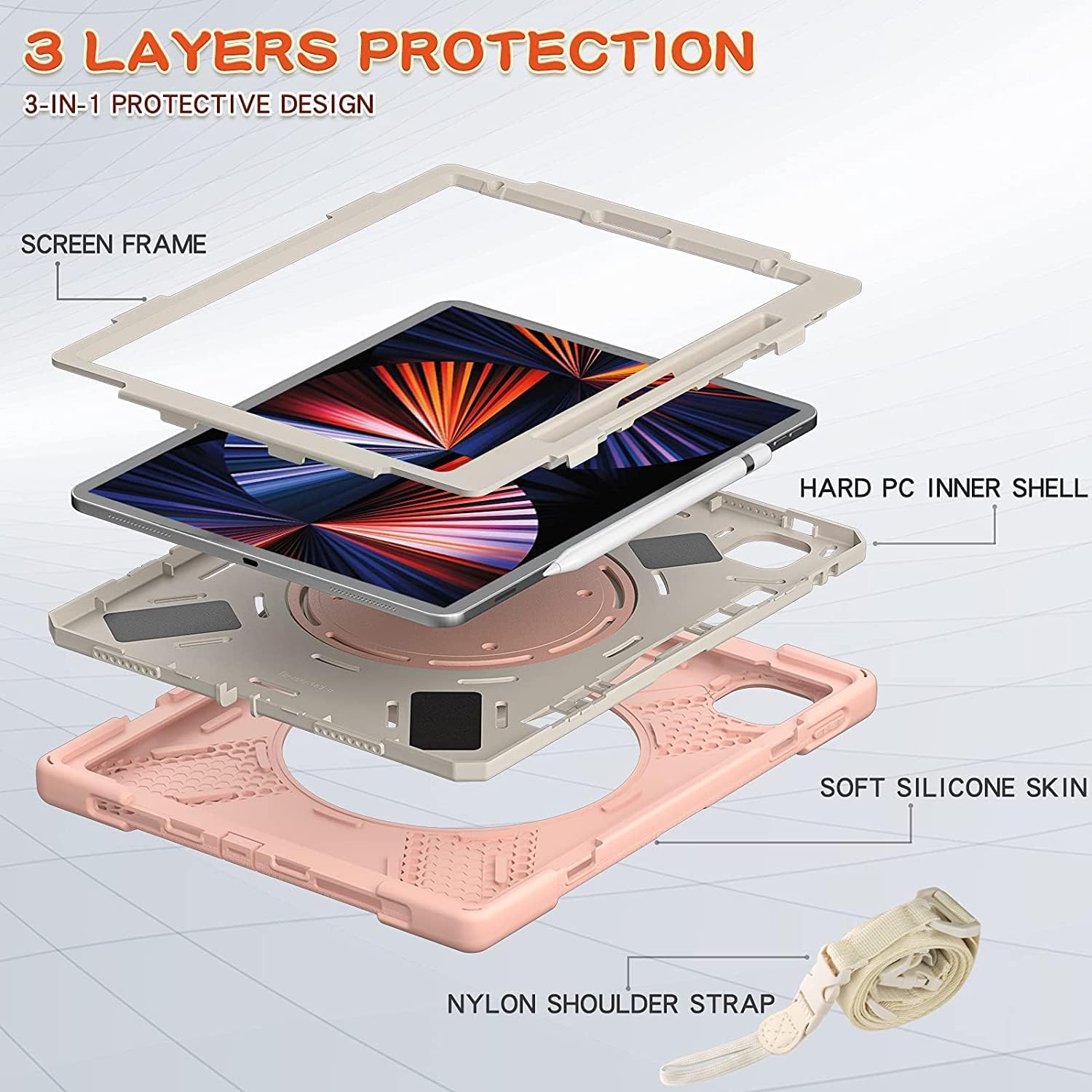 for iPad Air 13 2025(M3)/2024(M2) Case,Heavy Sturdy Shockproof Kids Case,Rotating Stand/Pencil Holder/Carrying Strap,Aslo for iPad Pro 12.9 inch (Pink)