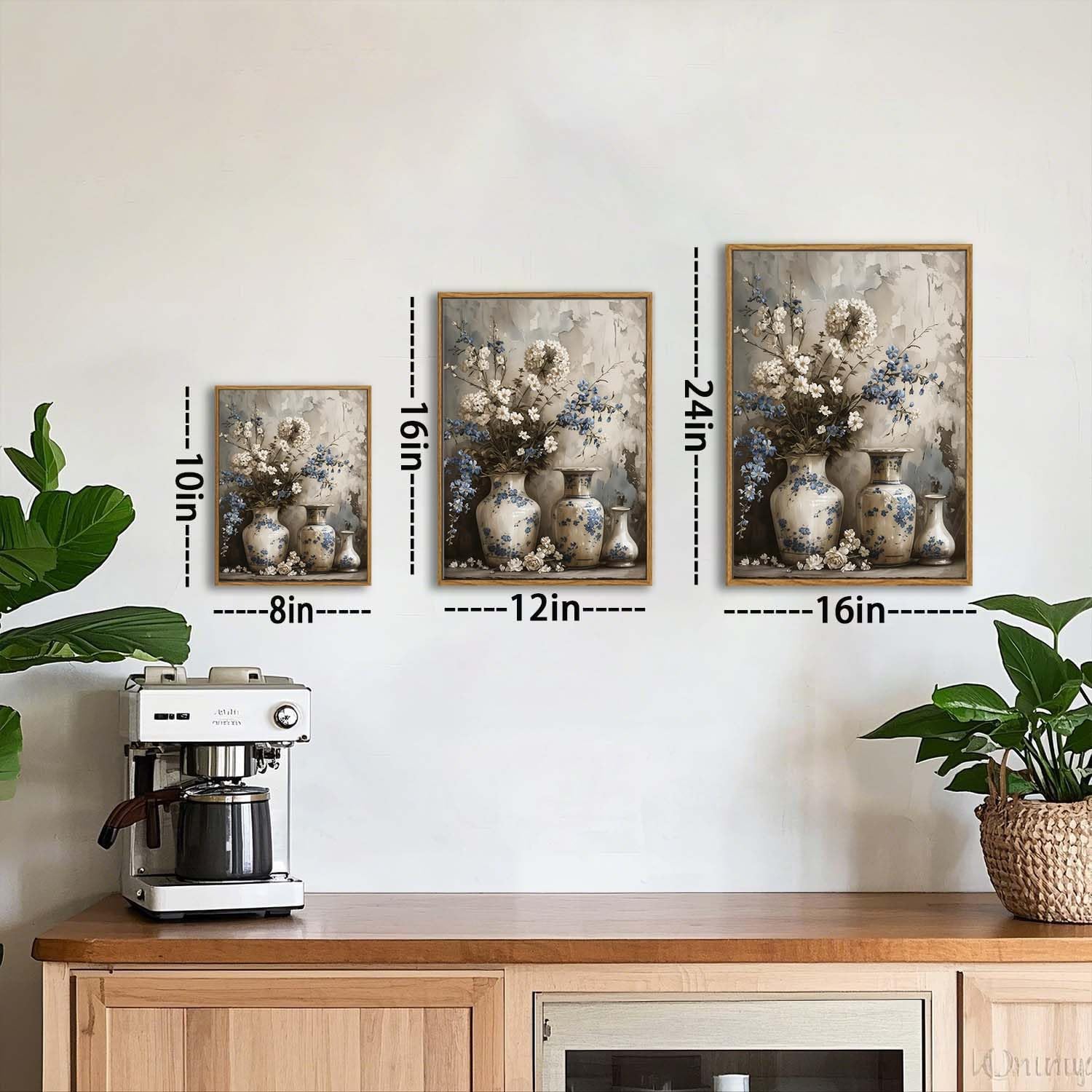 XLARTMY Framed Farmhouse Floral Canvas Wall Art,Vintage Blue and White Wall Art Flower Pictures Wall Decor,Porcelain Vase Posters Prints for Living Room Bedroom Bathroom Rustic Decor 16x24In