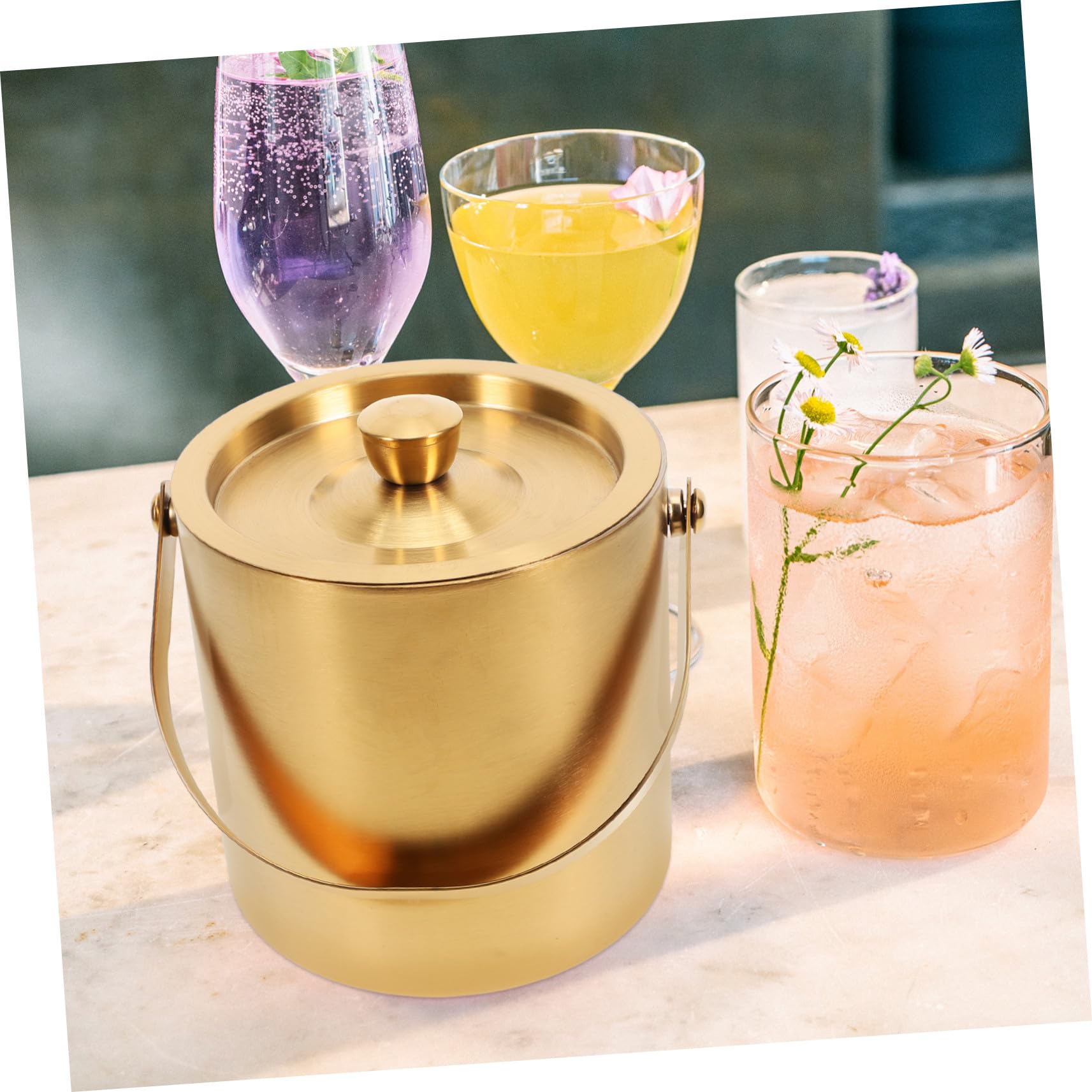 Eiswürfelbehälter zur Kühlung von Bier und Cocktails aus Edelstahl 1,6 L und Deckel mit Doppelwandiger Isolierung Tragbarer Eimer für Zuhause und Ktv