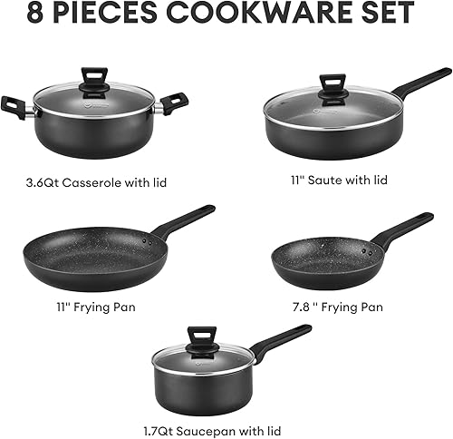 Miniatura 7 de COOKER KING Juego de ollas y sartenes antiadherentes, 8 piezas de utensilios de cocina no tóxicoscacerolaolla con tapas de vidrio templado,