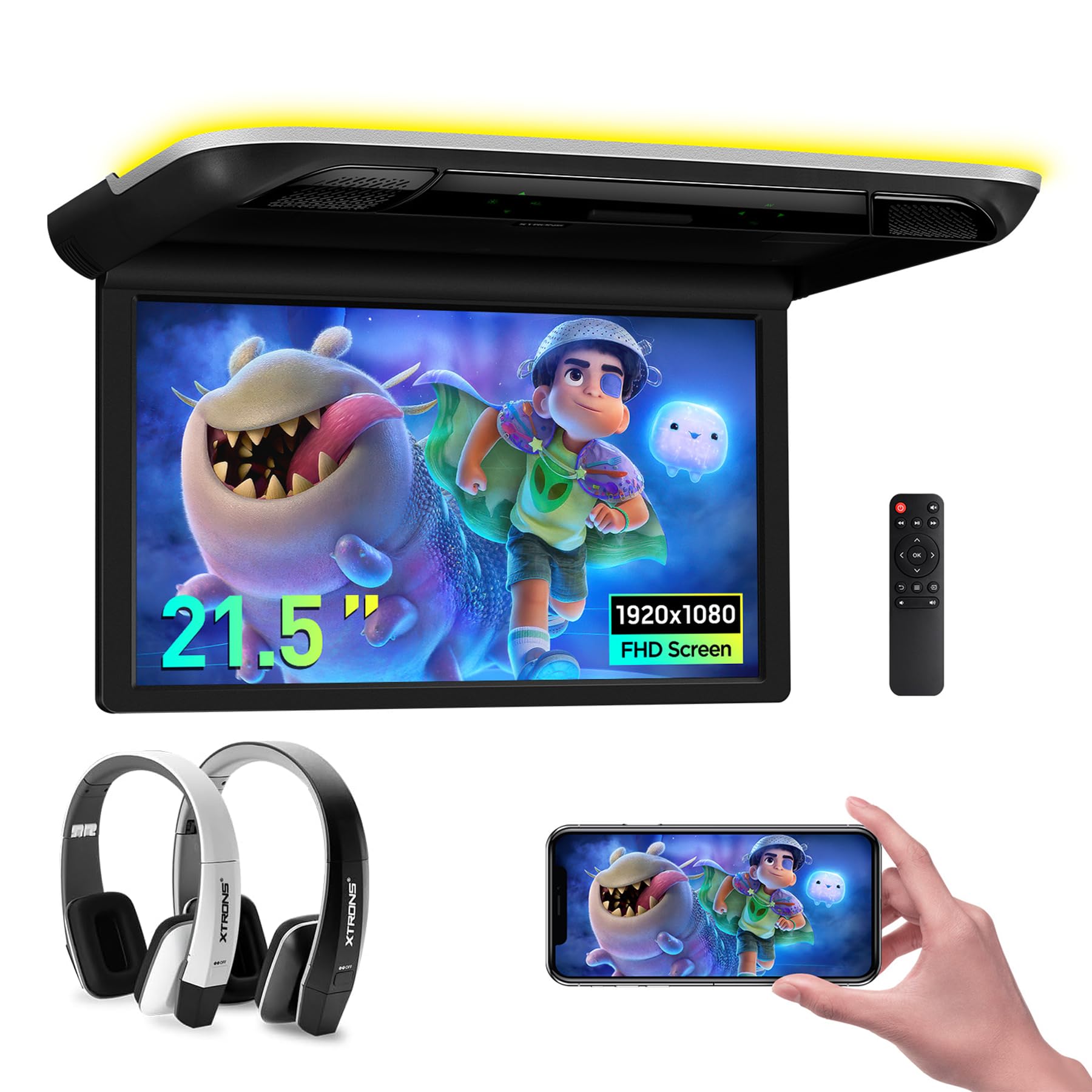 Bundle XTRONS 21.5" Ultra-Big Roof Mounted Monitor with 2 * IR Headphones 1080p IPS Screen Video Car Overhead Player w Stereo Speakers & Multimedia Input 136° Rotating Support Door Control for Tour