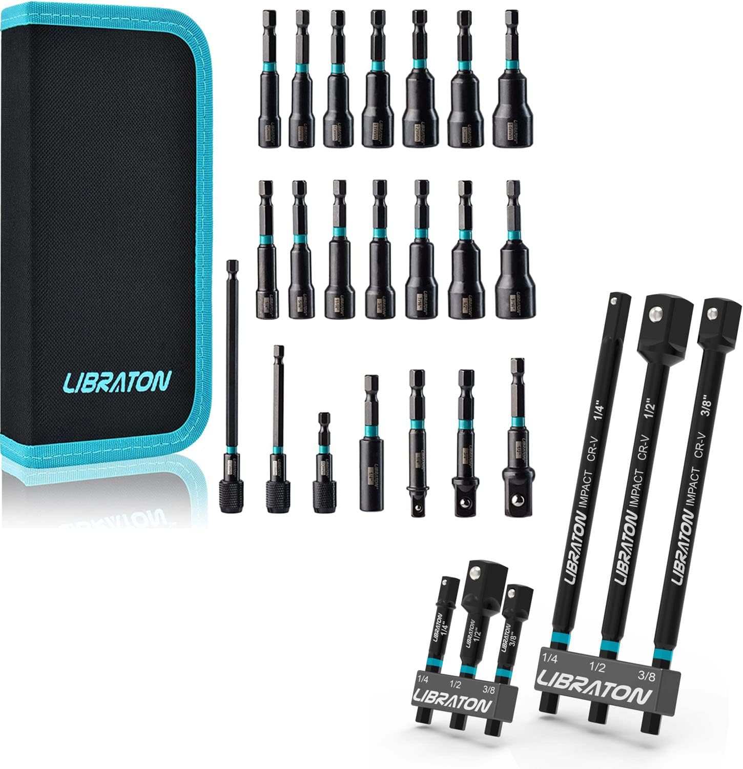 Libraton 21PCS Magnetic Nut Driver Set and 6PCS Impact Grade Socket Adapter Set 3" 6"