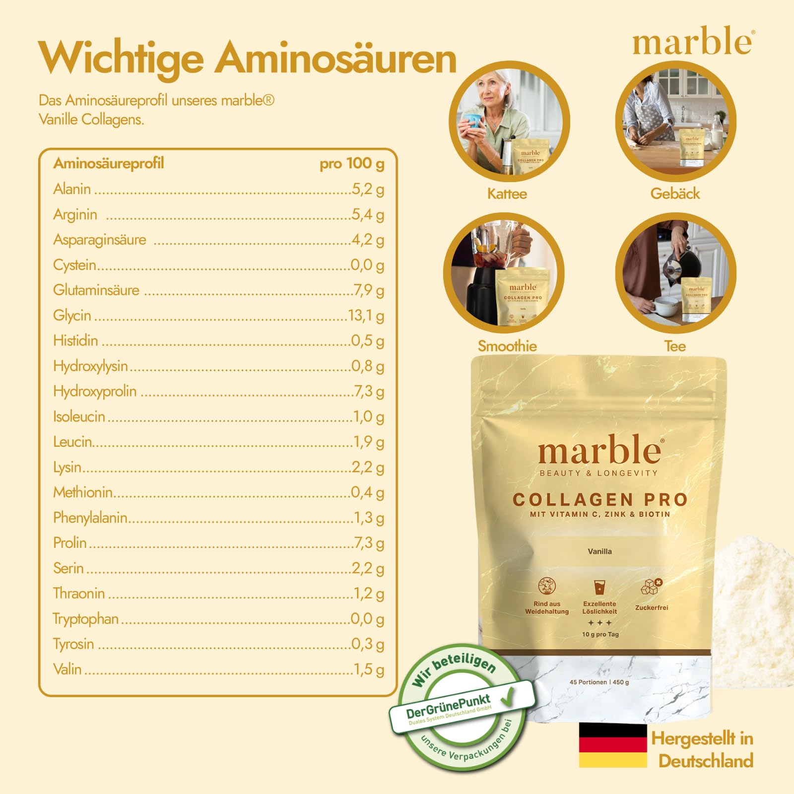 marble Polvo de colágeno Pro 450 g – Colágeno en polvo más vitamina C, zinc y biotina – Péptidos de colágeno Skin Glow – 60 días de prueba sin riesgos – de carne de sauce con perfecta solubilidad