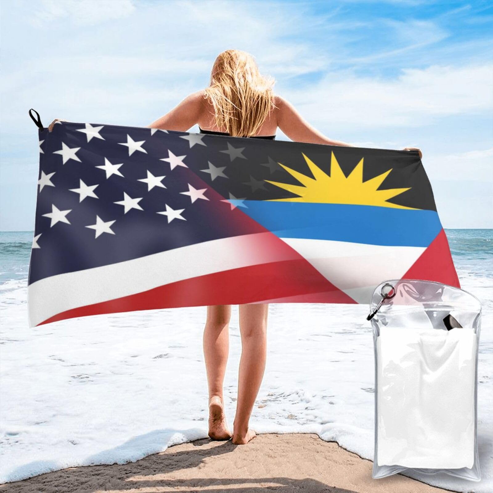 HACXZ Funny America Flag and Antigua and Barbuda Flag Absorbent Beach Towel Microfiber Beach Shower Towel 27.5"X55"
