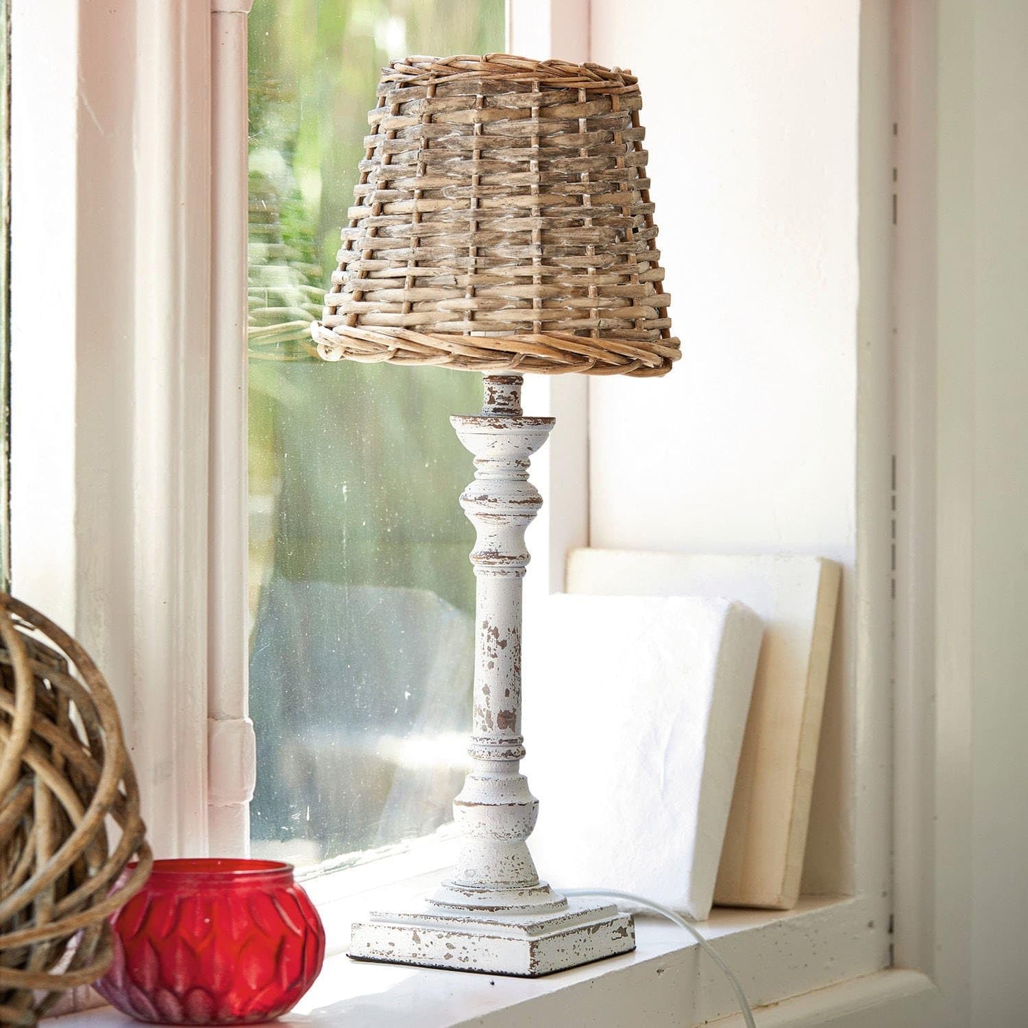 LOBERON Noelie Lampe à poser - Objet artisanal - Bois de pin d'aspect ancien, marron/blanc vieilli