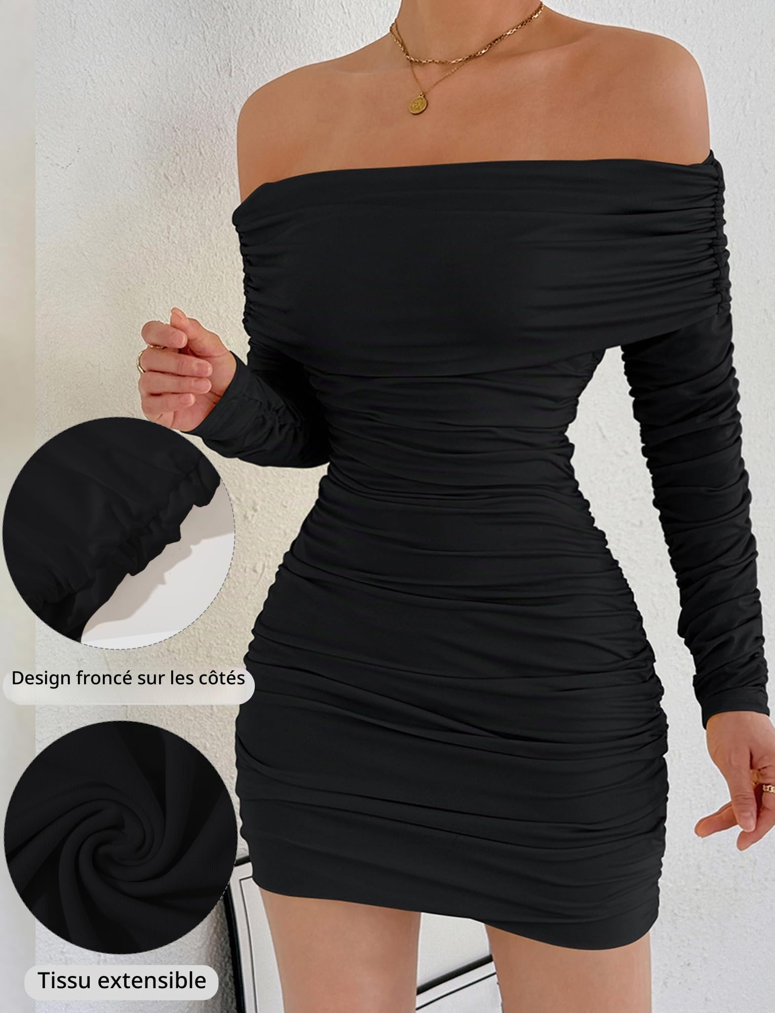 Robe Sexy pour Femme Robes à Manches Longues et Épaules Dénudées Mini Robe Moulante Robes de Soirée Élégante pour Clubbing Cocktail Fête