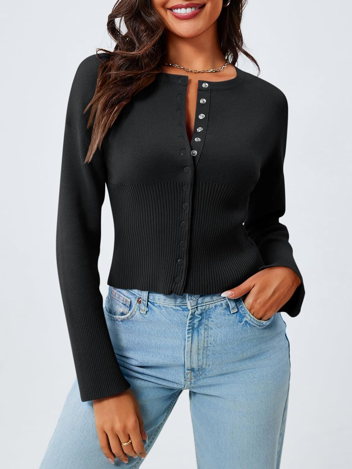 Saodimallsu Womens Cropped Sweaters Button Down Long Sleeve V Neck Ribbed Knit Slim Fit Pullover Crop Tops - Image 2